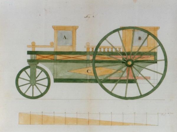 Een zijaanzicht van de schets van het veiligheidsvoertuig van uitvinder Pieter Ortlepp uit 1853